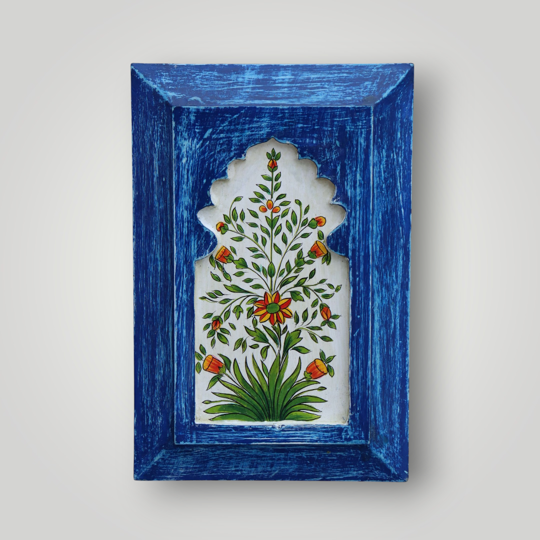 KB ART Handpainted Wooden Jharokha Wall Panel –  Dark Blue Floral Mughal Arch Decor | Antique Look Wall Hanging