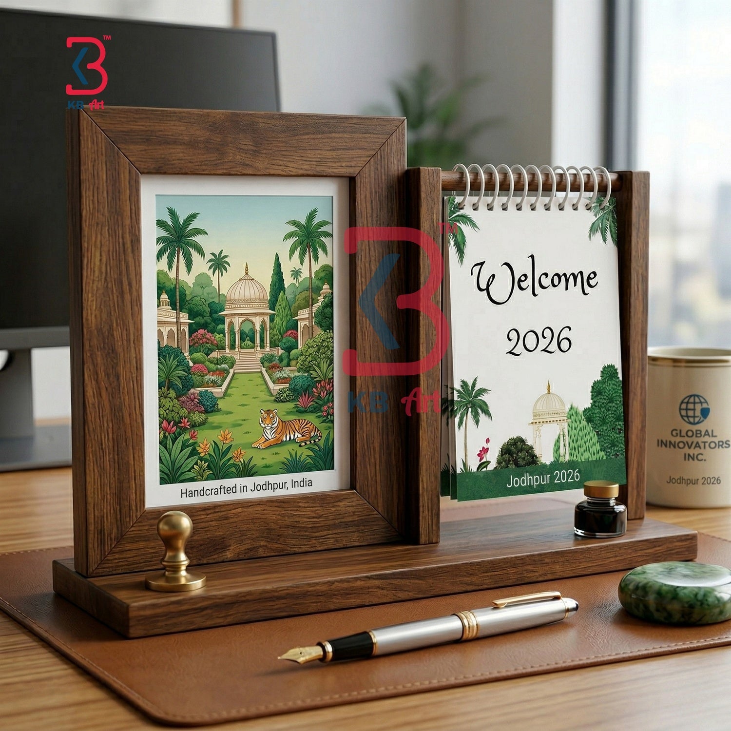 KB ART Wooden Frame Calendar Desk Organiser - Close-Up of Hand-Carved Artisan Texture - Handcrafted Wooden Decor Jodhpur