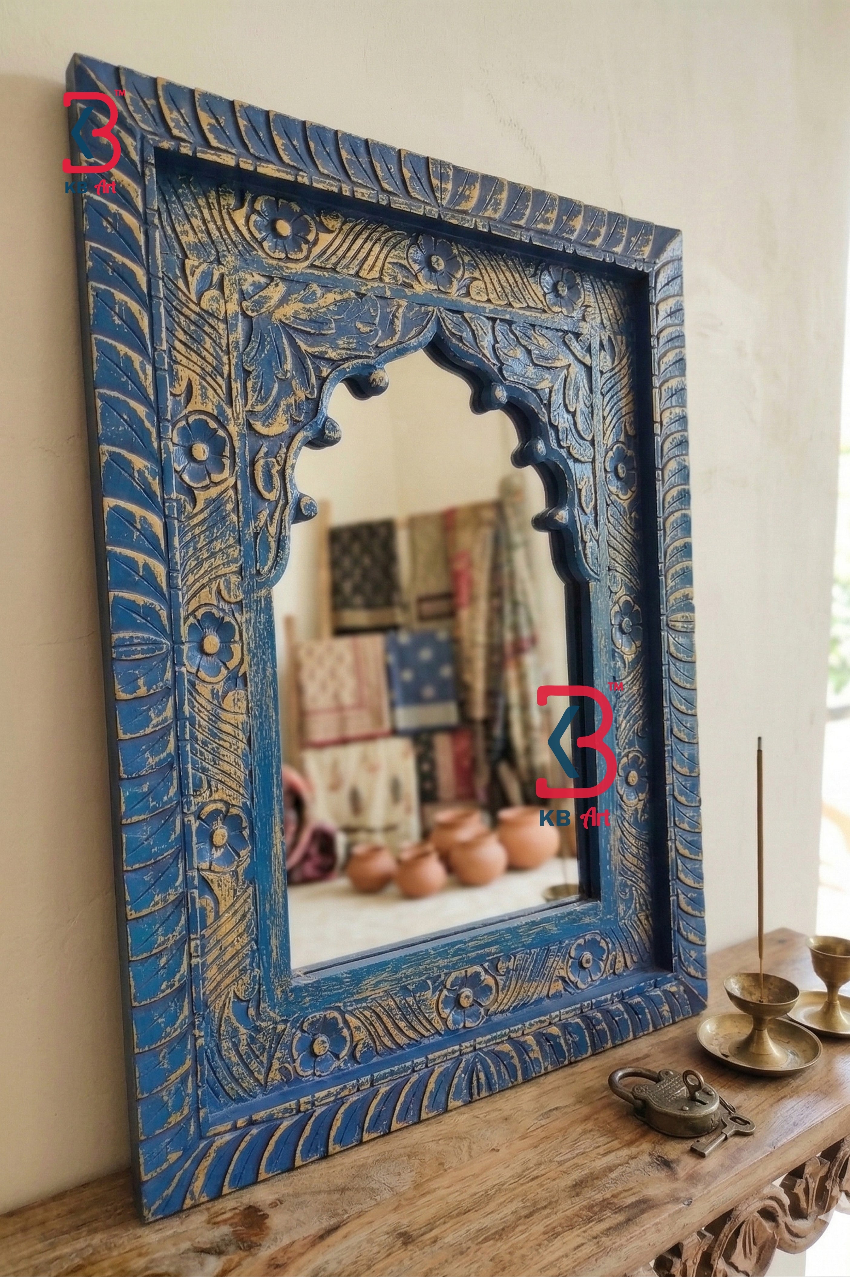 KB ART Jharokha Mirror Distressed Blue - Close-Up of Hand-Carved Artisan Texture - Handcrafted Wooden Decor Jodhpur