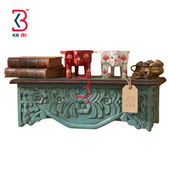 KB ART Wooden Artisan Carved Curiosity Wall Shelf Teal - Side Angle Showing Finish and Craftsmanship - Handcrafted Wooden Decor Jodhpur