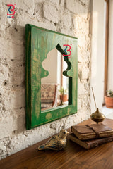 KB ART Wooden Distressed Jharokha Mirror - Styled Display in Home Interior Setting - Handcrafted Wooden Decor Jodhpur