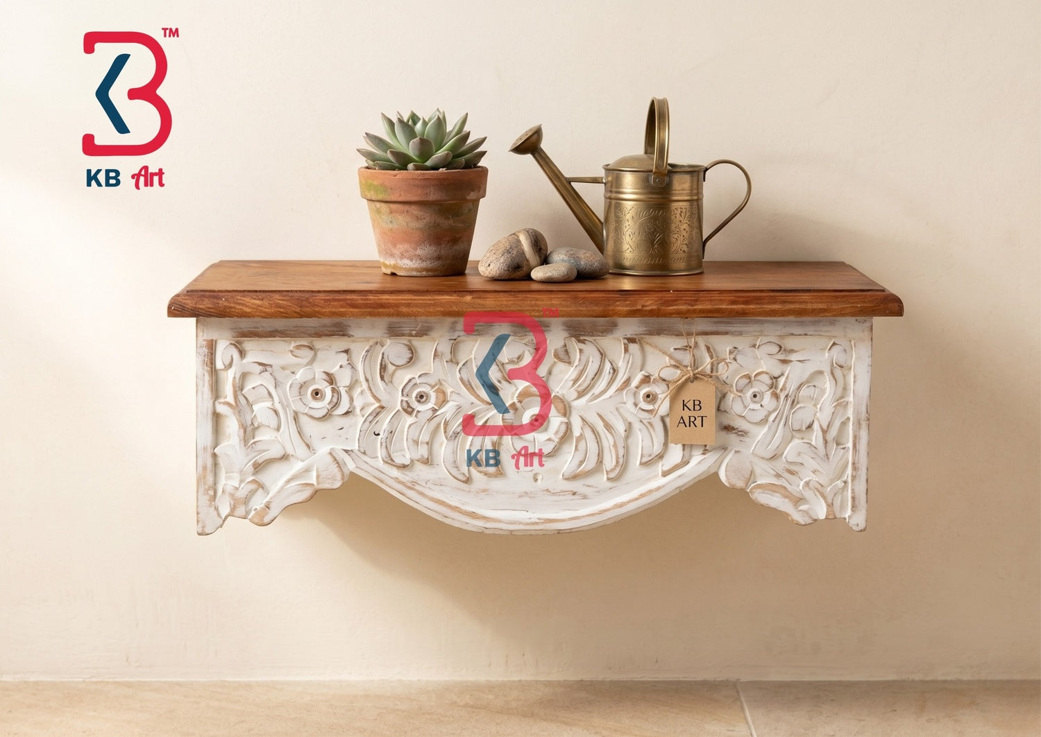 A KB ART ornate wall shelf mounted in a welcoming entryway hall holding keys, a small vase, and displayed beneath a decorative mirror.