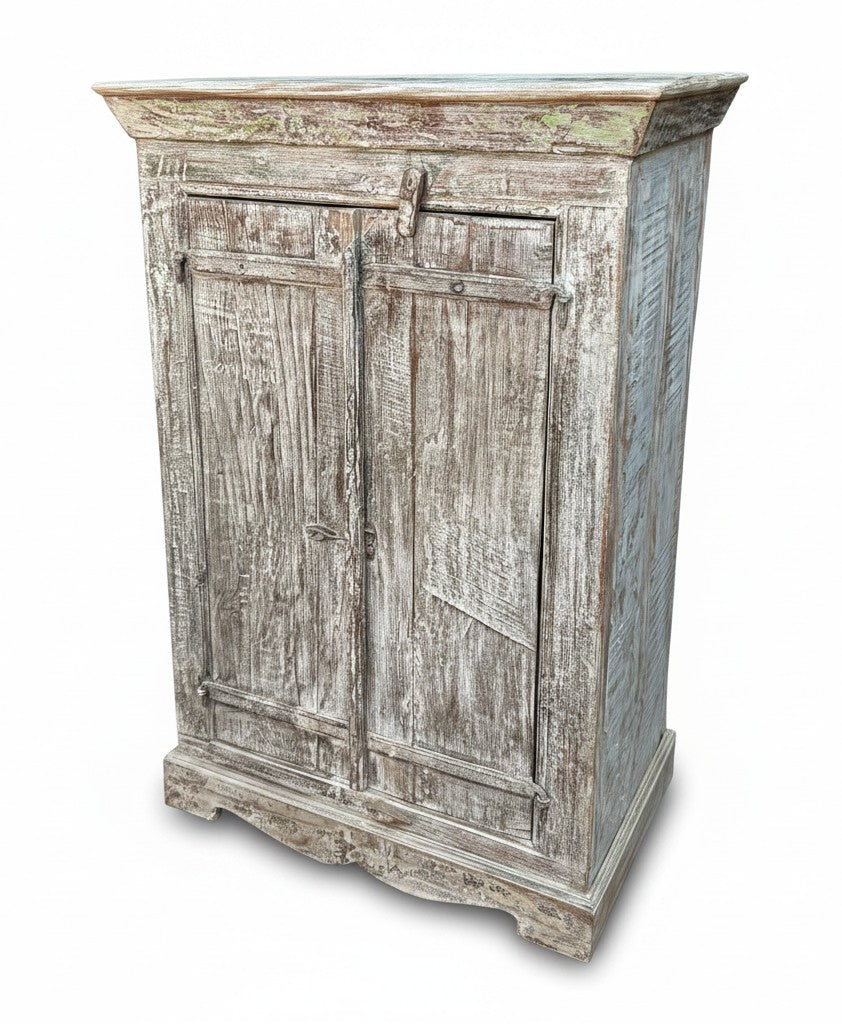 Antique Weathered Almirah - close-up detail of hand-carved solid wood finish and joinery, KBART SKU KBART-1010