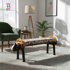 KB ART Hand-Carved Wooden Elephant Bench with Floral Fabric Gadi Stool