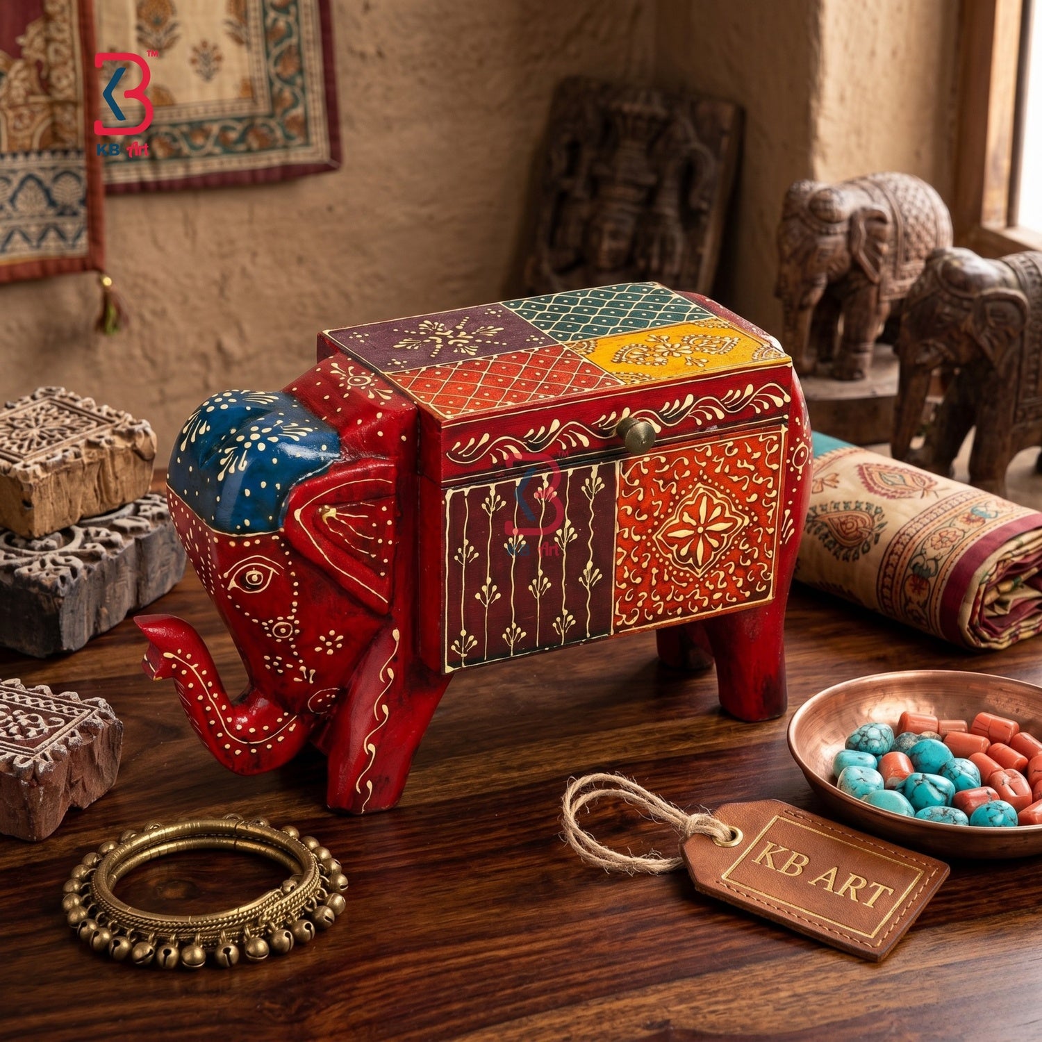 KB ART Wooden Elephant Box - Styled Display in Home Interior Setting - Handcrafted Wooden Decor Jodhpur