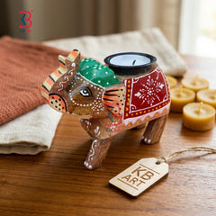 KB ART Handpainted Elephant Wooden Tea Light Holder - Close-Up of Hand-Carved Artisan Texture - Handcrafted Wooden Decor Jodhpur