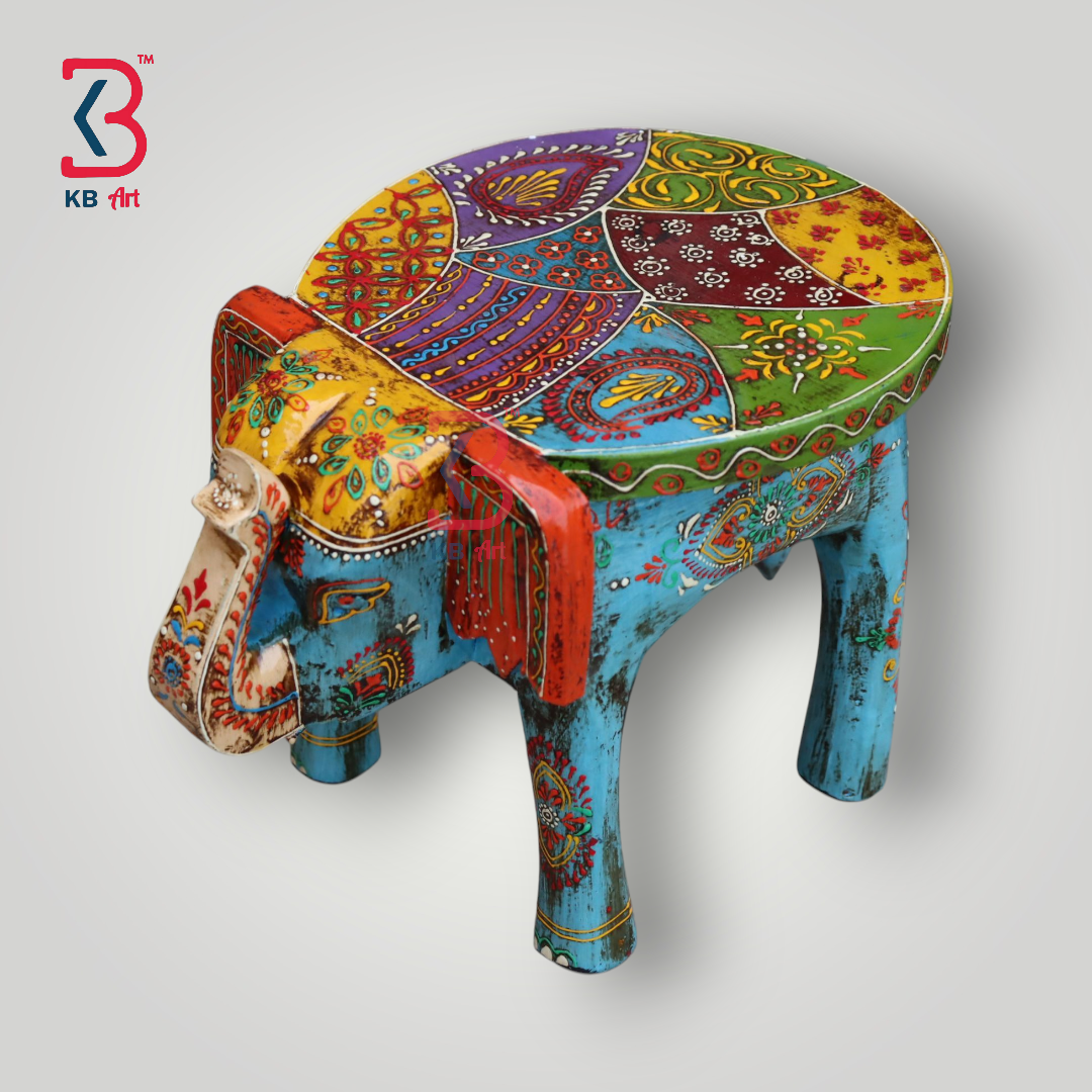 KB ART Handpainted Wooden Elephant Stool –  8 Inch Multicolour Amboz Jodhpuri Art | Antique Look Handcarved Home & Table Décor