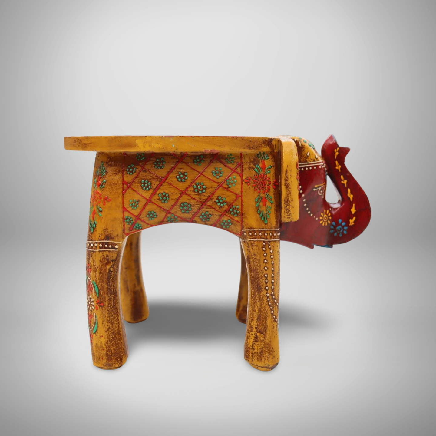 KB ART Handpainted Wooden Elephant Stool –  8 Inch Yellow Base with Multicolour Amboz Jodhpuri Art | Antique Look Handcarved Home & Table Décor