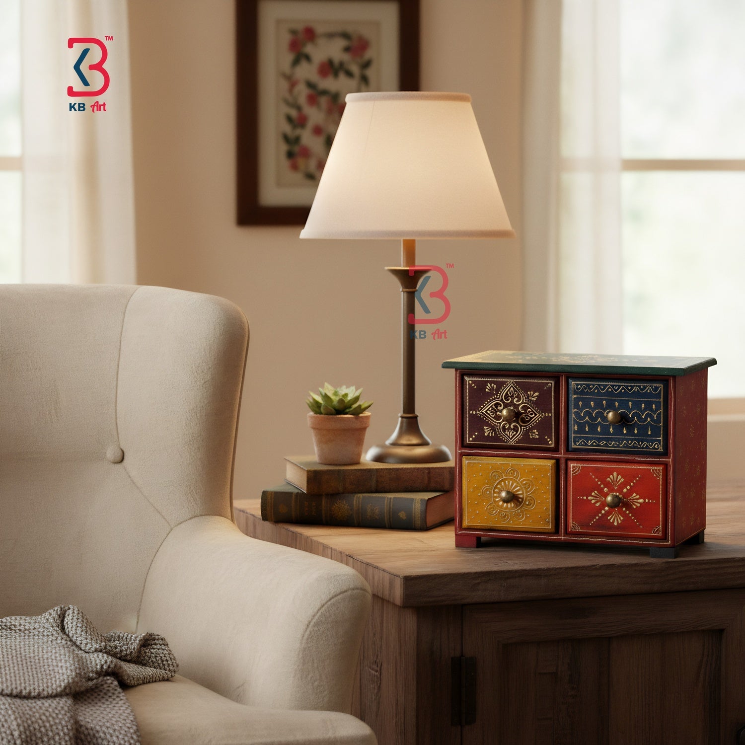 KB ART Wooden 4 Drawer Mdf Box - Complete Product View on Plain Background - Handcrafted Wooden Decor Jodhpur