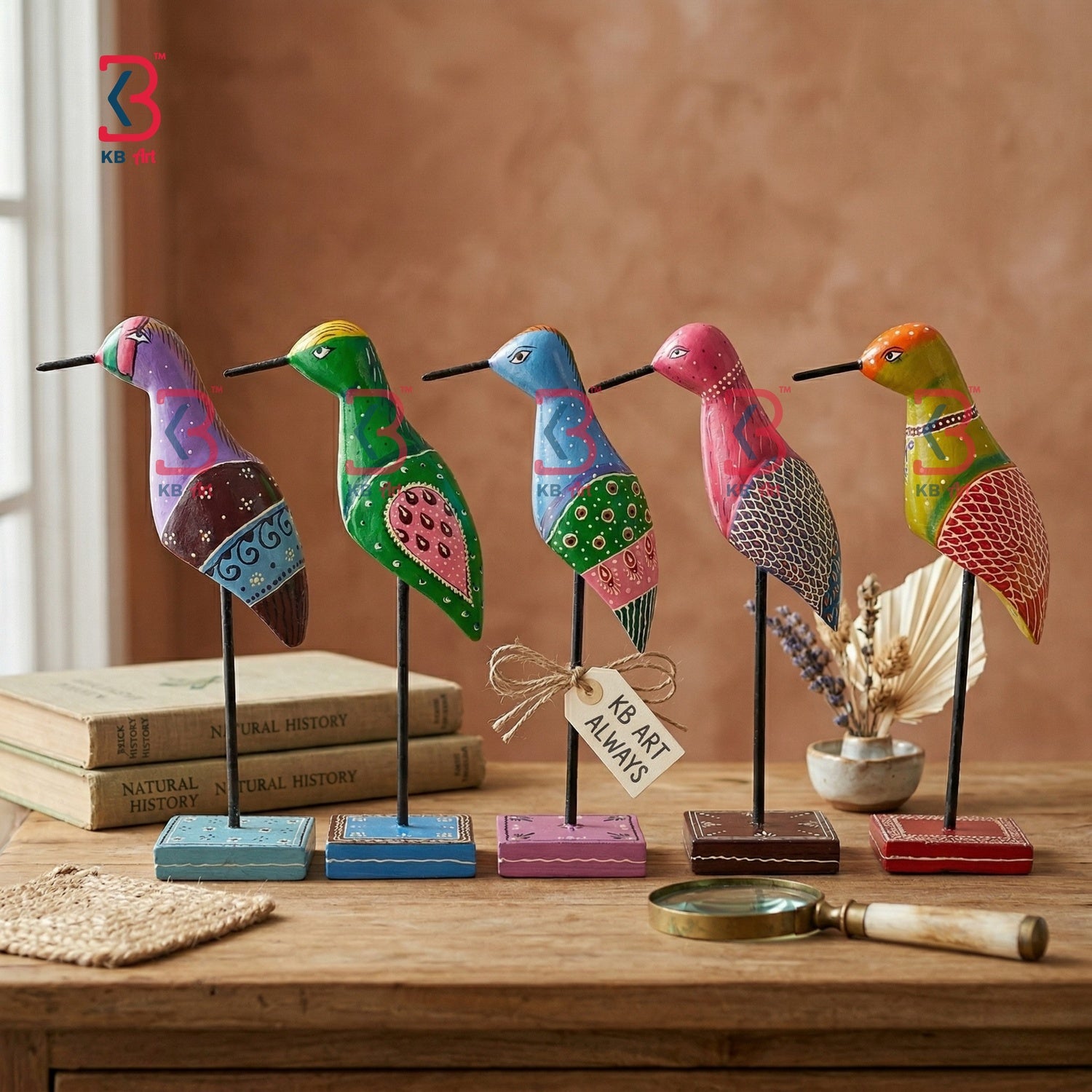 KB ART Wooden Colorful Birds Set Of 5 Table Decor - Close-Up of Hand-Carved Artisan Texture - Handcrafted Wooden Decor Jodhpur
