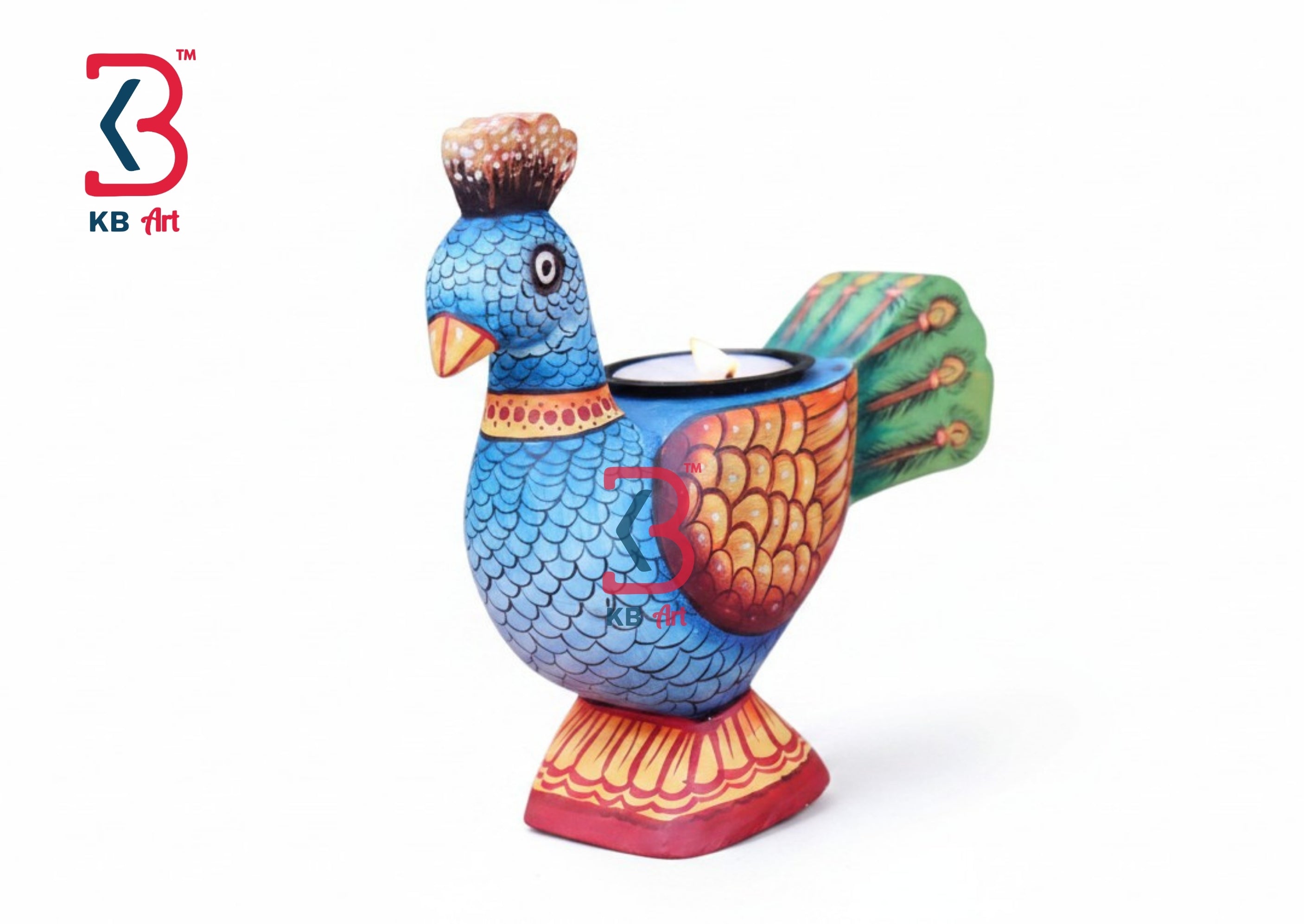 KB ART Blue Peacock Handpainted Wooden Candle Stand - Front View of Handcrafted Detailing - Handcrafted Wooden Decor Jodhpur