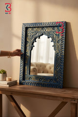 KB ART Jharokha Mirror Distressed Blue - Styled Display in Home Interior Setting - Handcrafted Wooden Decor Jodhpur