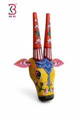 KB ART Wooden Carved Cow Mask Small 11 Inches - Close-Up of Hand-Carved Artisan Texture - Handcrafted Wooden Decor Jodhpur