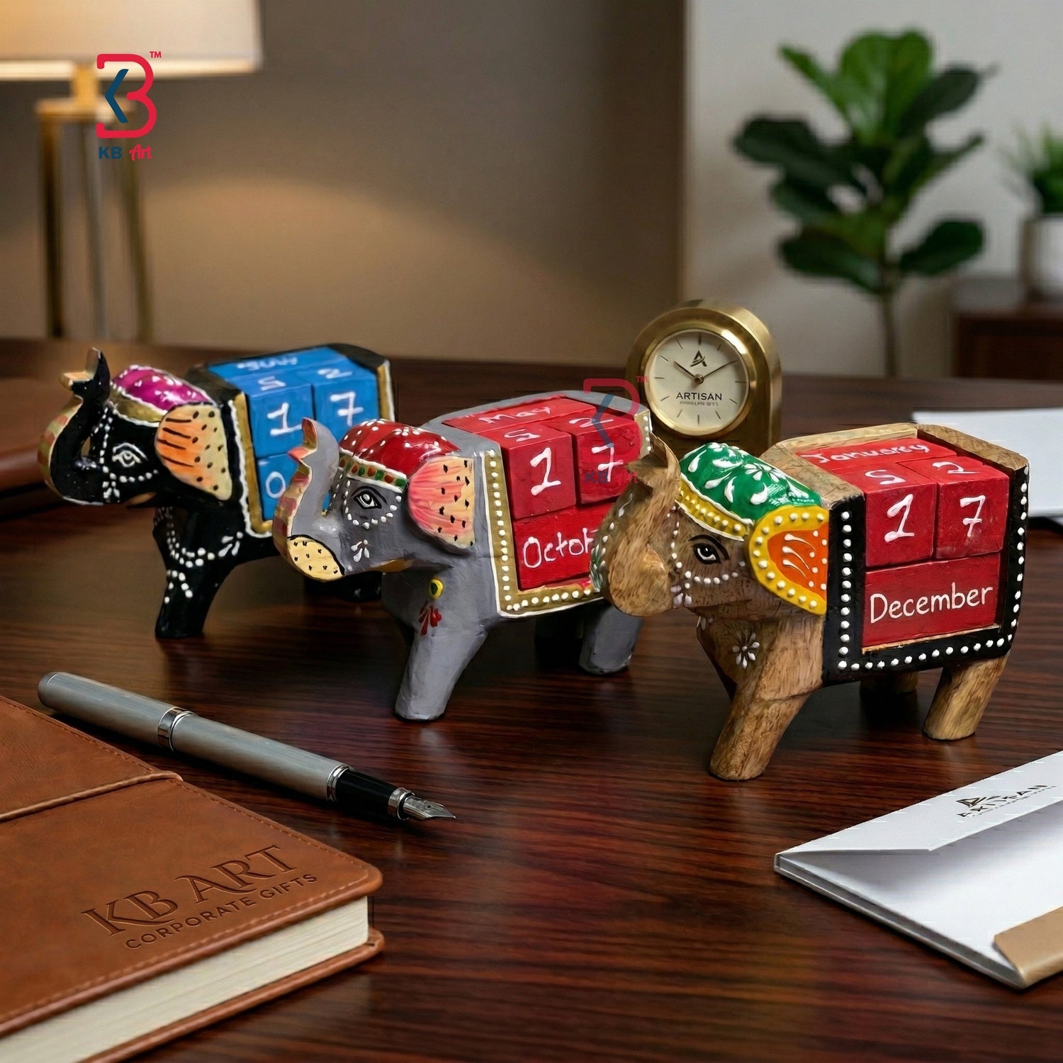 KB ART Wooden Carved Elephant Calendar - Styled Display in Home Interior Setting - Handcrafted Wooden Decor Jodhpur
