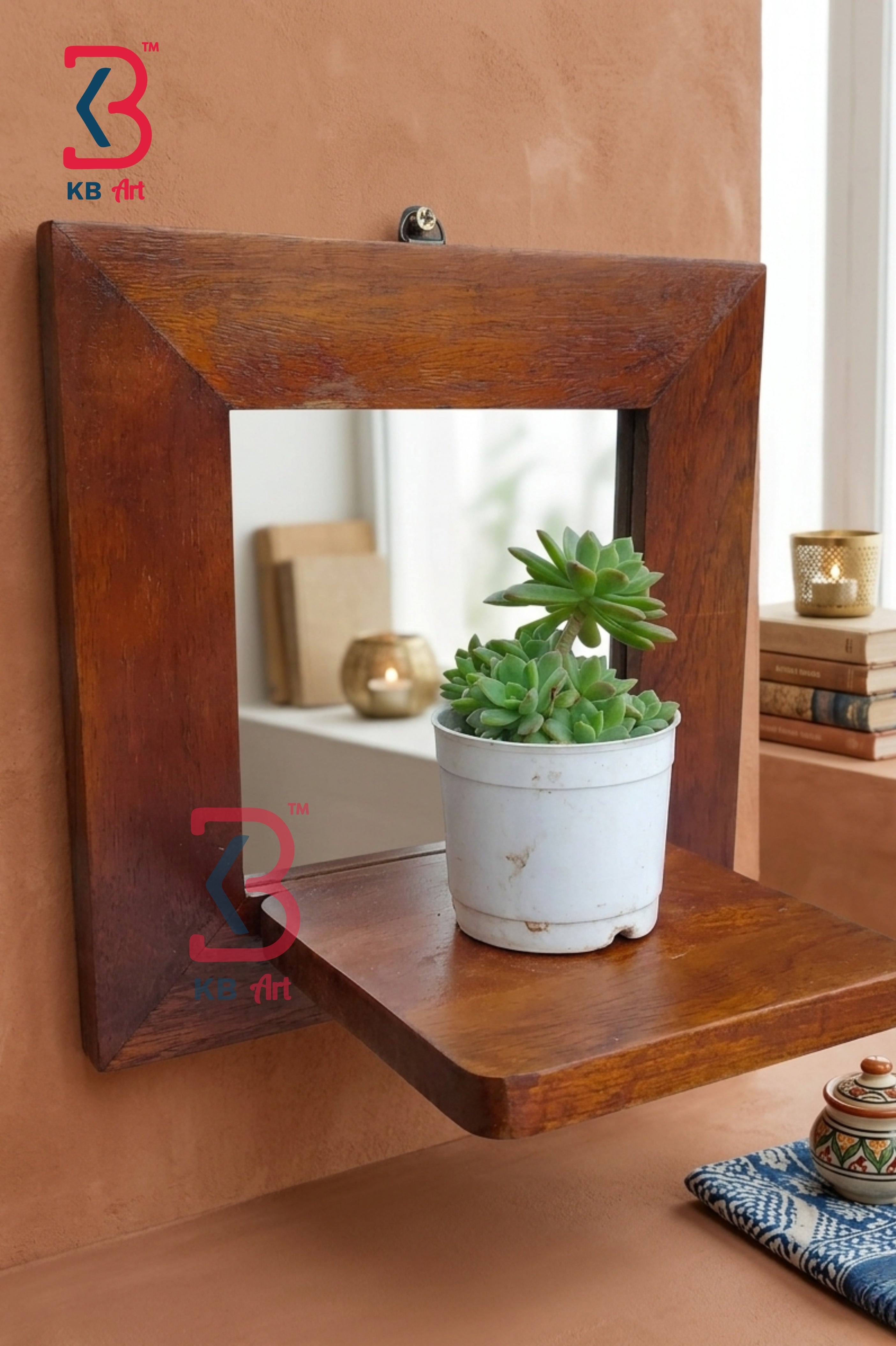 KB ART Wooden Rectangle Brown Mirror Planter - Side Angle Showing Finish and Craftsmanship - Handcrafted Wooden Decor Jodhpur