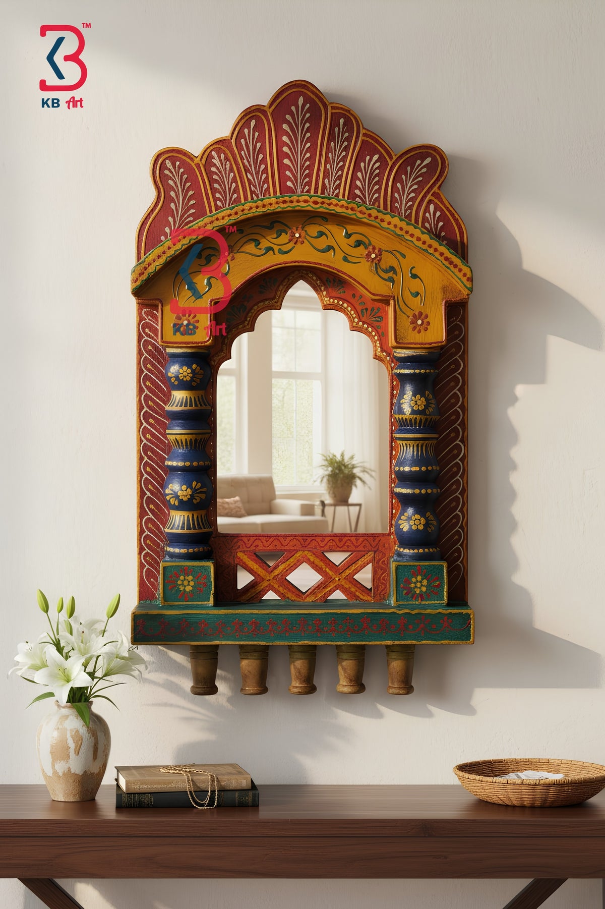 KB ART Wooden Rajasthani Jharokha - Side Angle Showing Finish and Craftsmanship - Handcrafted Wooden Decor Jodhpur