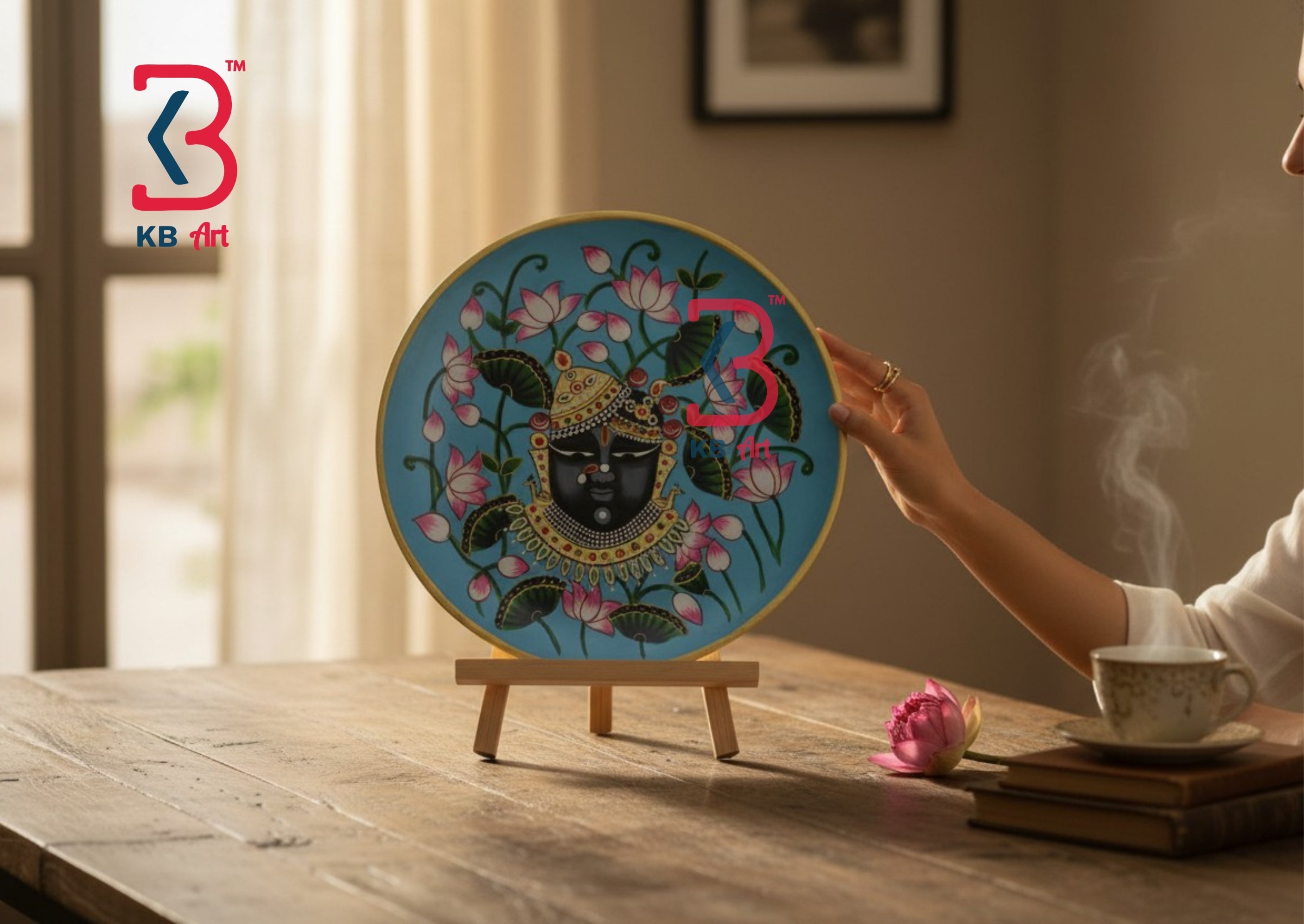 KB ART Wooden Pichwai Wall Plates Shrinath Ji - Styled Display in Home Interior Setting - Handcrafted Wooden Decor Jodhpur