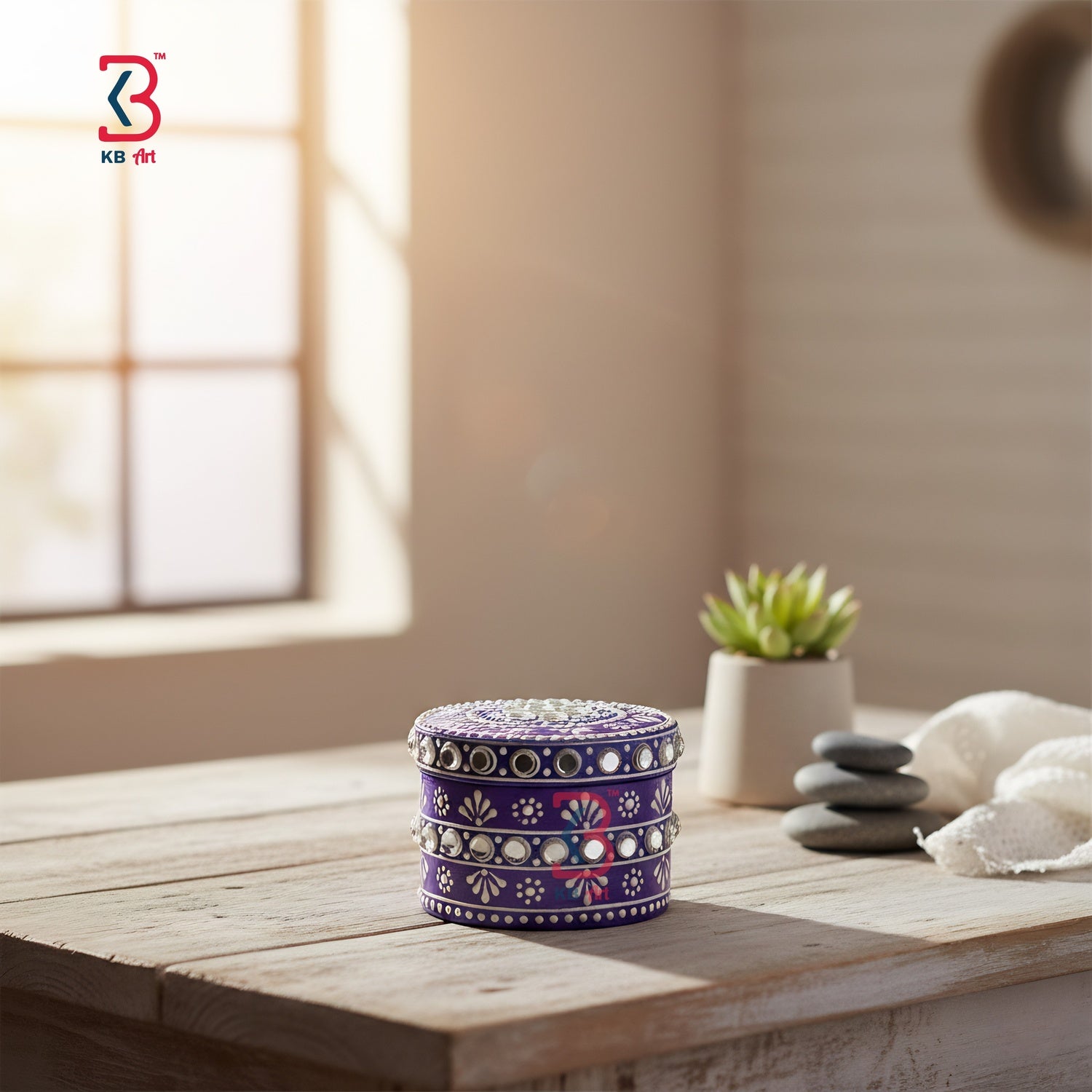KB ART Hand Painted Wooden Ring Box Purple - Styled Display in Home Interior Setting - Handcrafted Wooden Decor Jodhpur