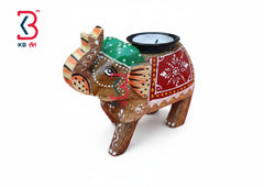 KB ART Handpainted Elephant Wooden Tea Light Holder - Front View of Handcrafted Detailing - Handcrafted Wooden Decor Jodhpur