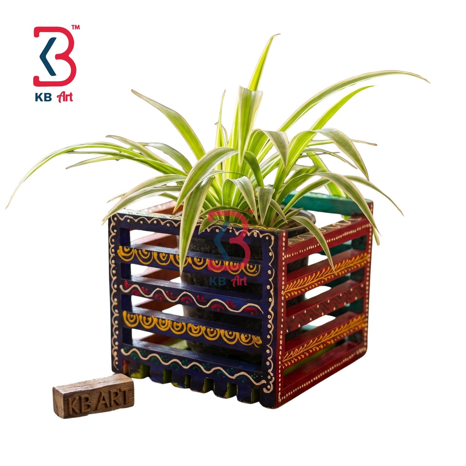 KB ART Vibrant Handpainted Wooden Slatted Planter Box - Front View of Handcrafted Detailing - Handcrafted Wooden Decor Jodhpur