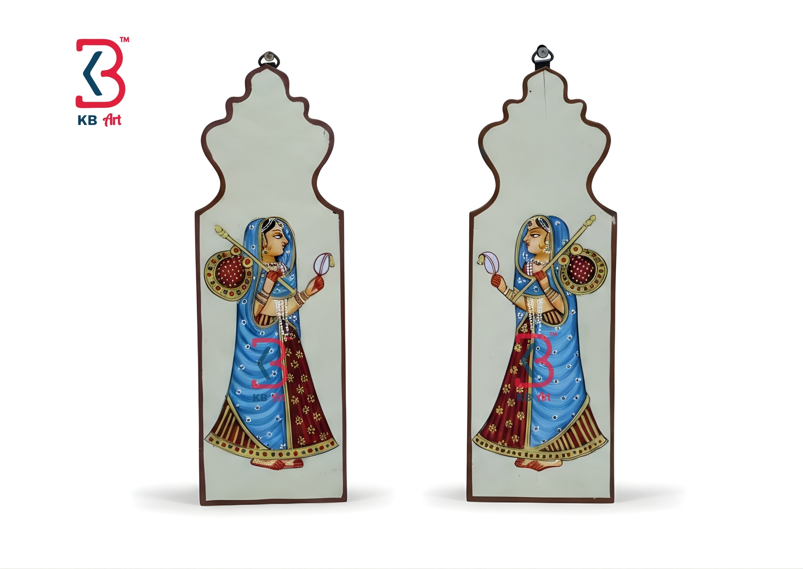 KB ART Jharokha Type Wall Plates Ladies - Side Angle Showing Finish and Craftsmanship - Handcrafted Wooden Decor Jodhpur