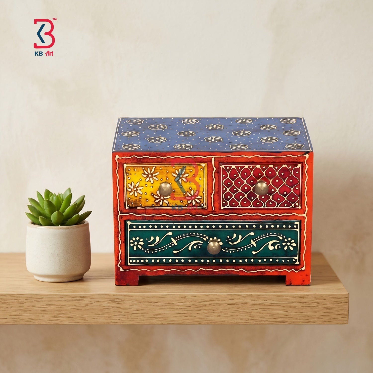 KB ART Wooden 3 Drawer Square Box - Front View of Handcrafted Detailing - Handcrafted Wooden Decor Jodhpur