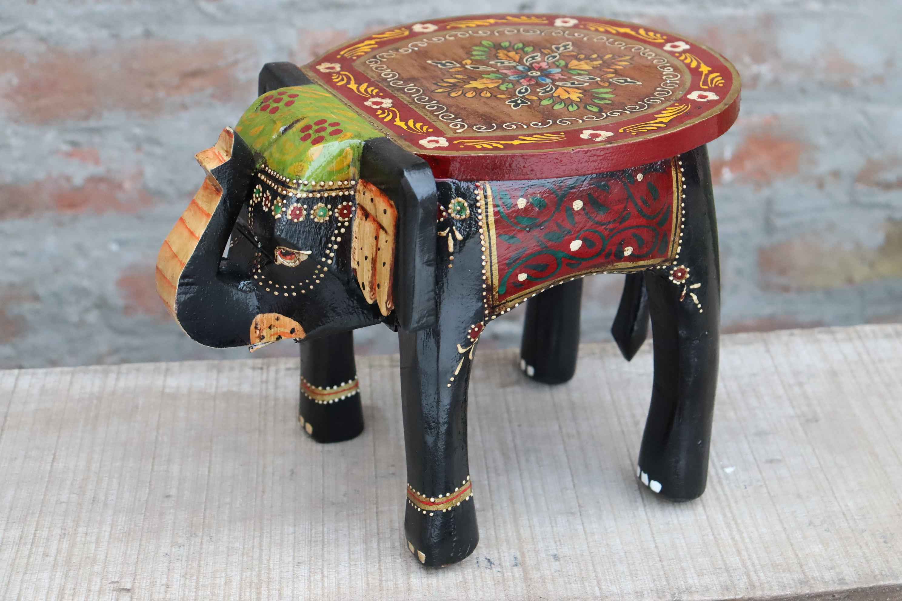 KB ART Handpainted Wooden Elephant Stool –  8 Inch Black & Red Misri Art | Handcarved Antique Look Home Decor & Gifting