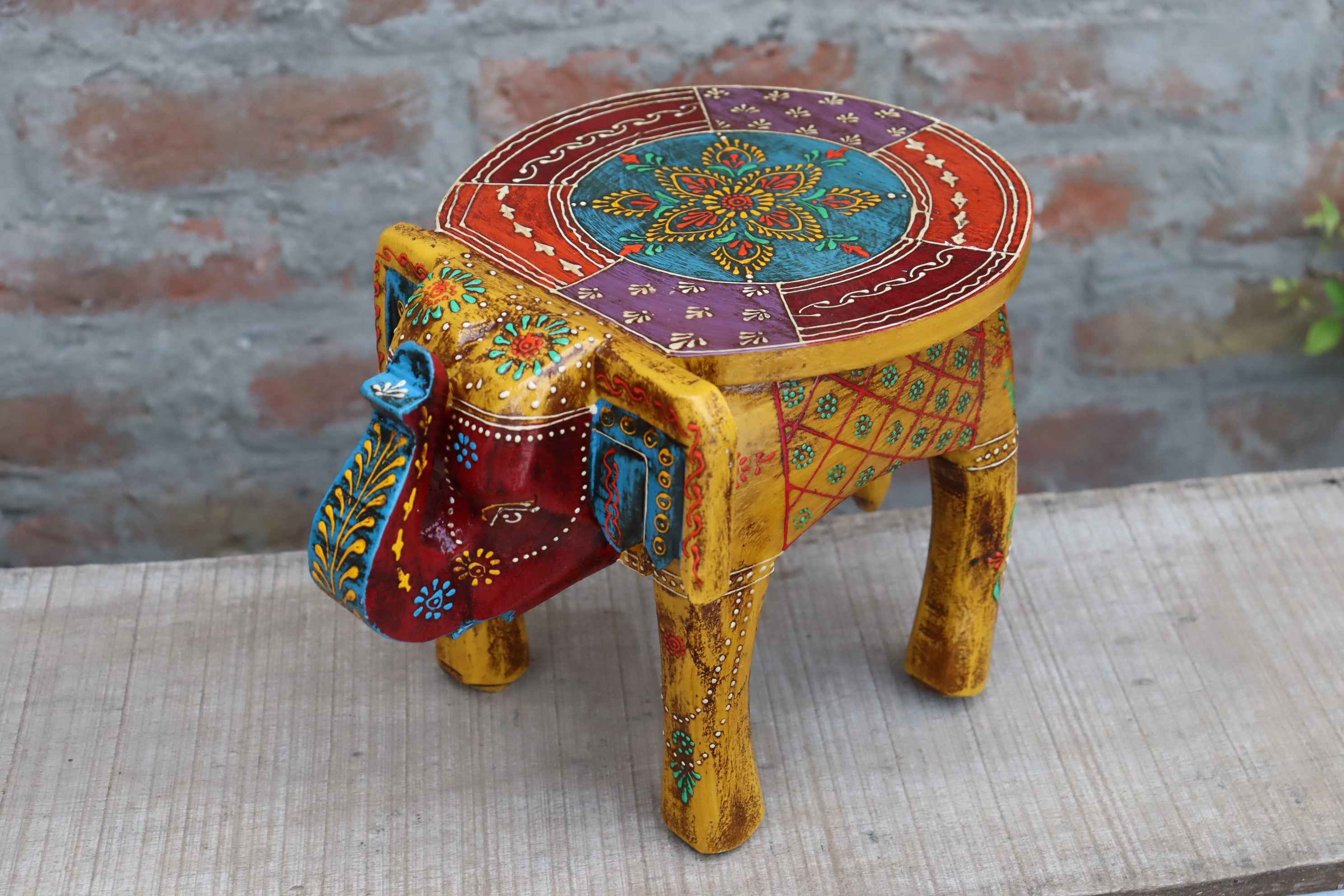 KB ART Handpainted Wooden Elephant Stool –  8 Inch Yellow Base with Multicolour Amboz Jodhpuri Art | Antique Look Handcarved Home & Table Décor