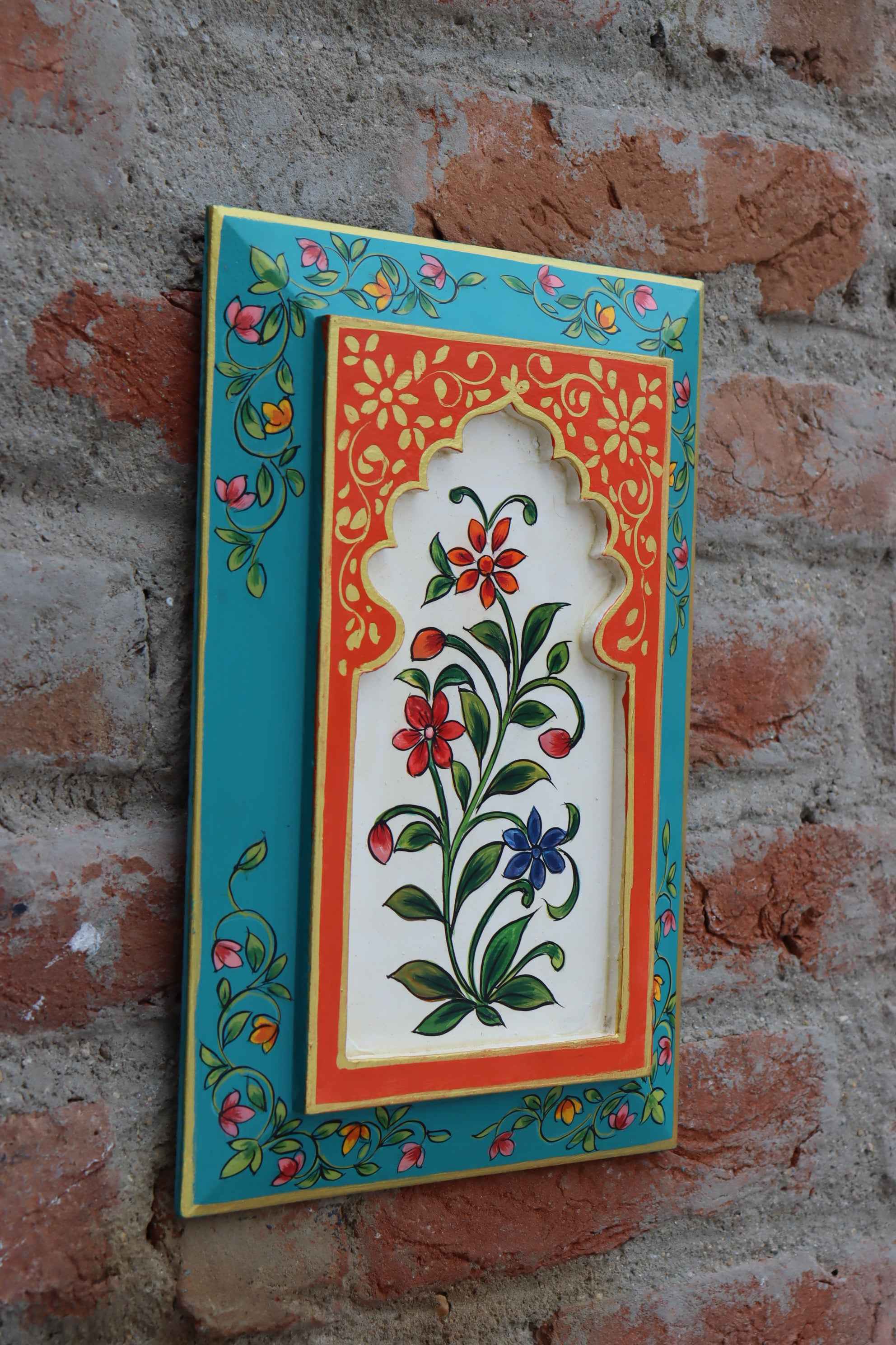 KB ART Handpainted Wooden Jharokha Wall Panel –  Turquoise & Orange Floral Mughal Arch Decor | Antique Ethnic Wall Hanging