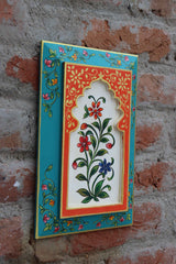 KB ART Handpainted Wooden Jharokha Wall Panel –  Turquoise & Orange Floral Mughal Arch Decor | Antique Ethnic Wall Hanging