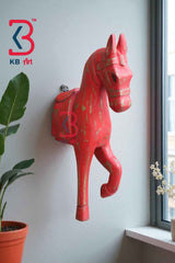 KB ART Rustic Wooden Horse Wall Decor - 16-Inch Orange Distressed Horse Head Wall Hanging with Golden Touch | Handcrafted Vintage-Style Rustic Indian Home Decor