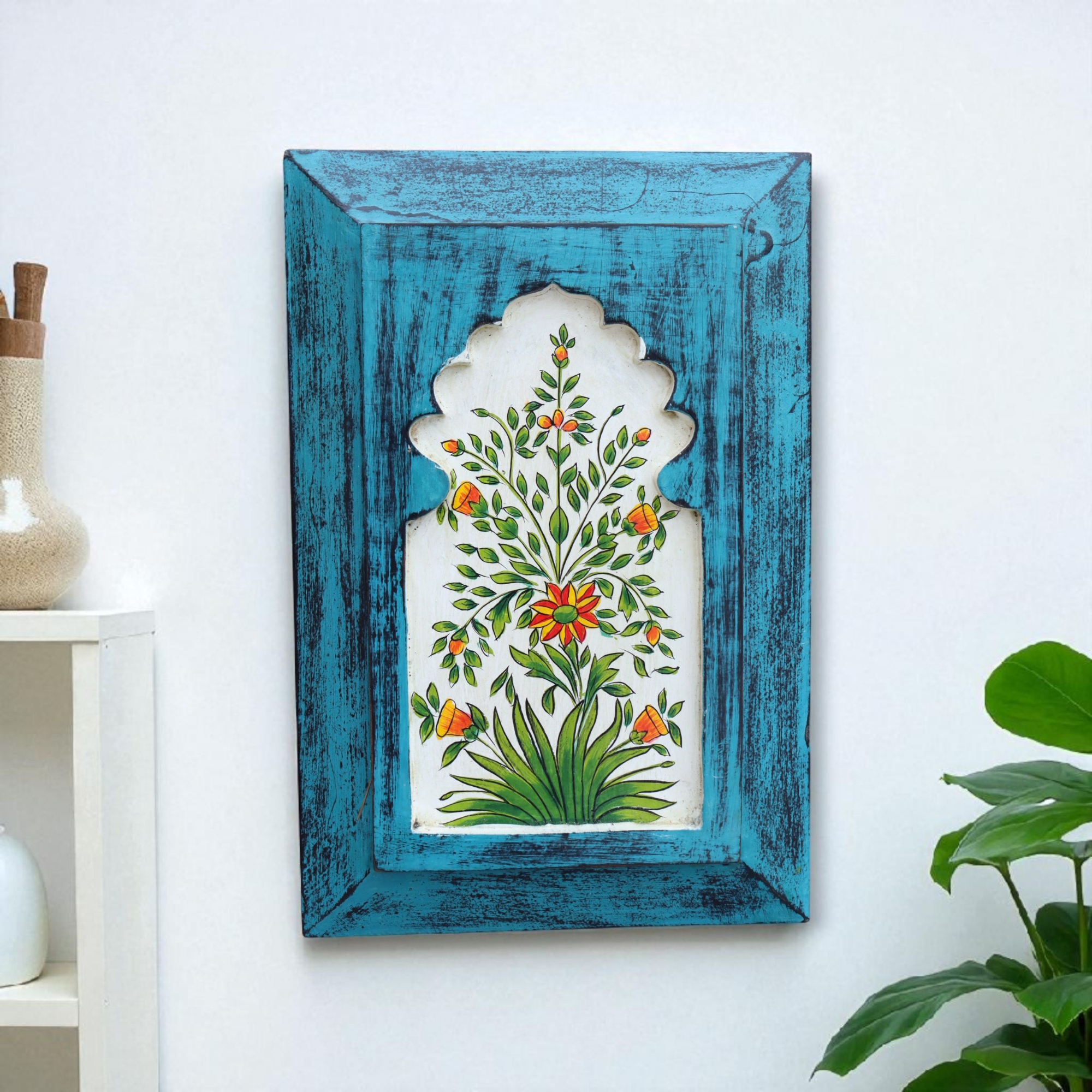 KB ART Handpainted Wooden Jharokha Wall Panel –  Turquoise Floral Mughal Arch Decor | Antique Look Wall Hanging