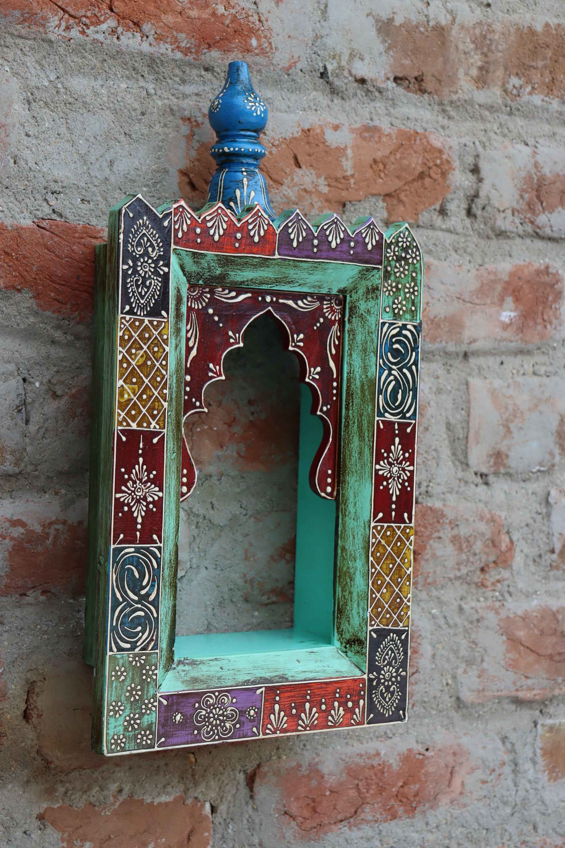 KB ART Handpainted Wooden Temple Wall Decor –  Multicolor Amboz Work Antique Look Handcarved Wall Hanging Mandir