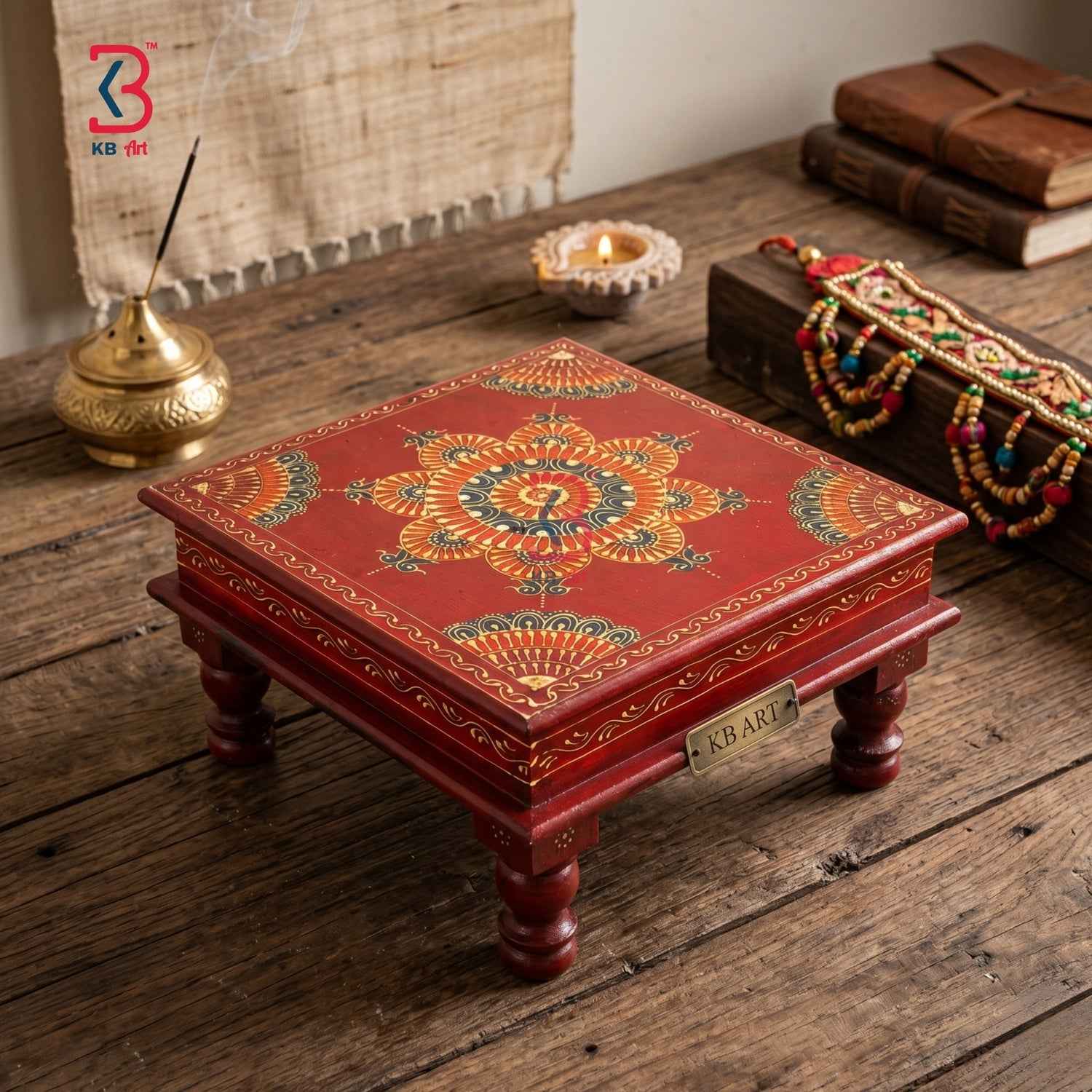 Handcrafted Wooden Red Mandala Bajot | Traditional Pooja Chowki & Low Stool