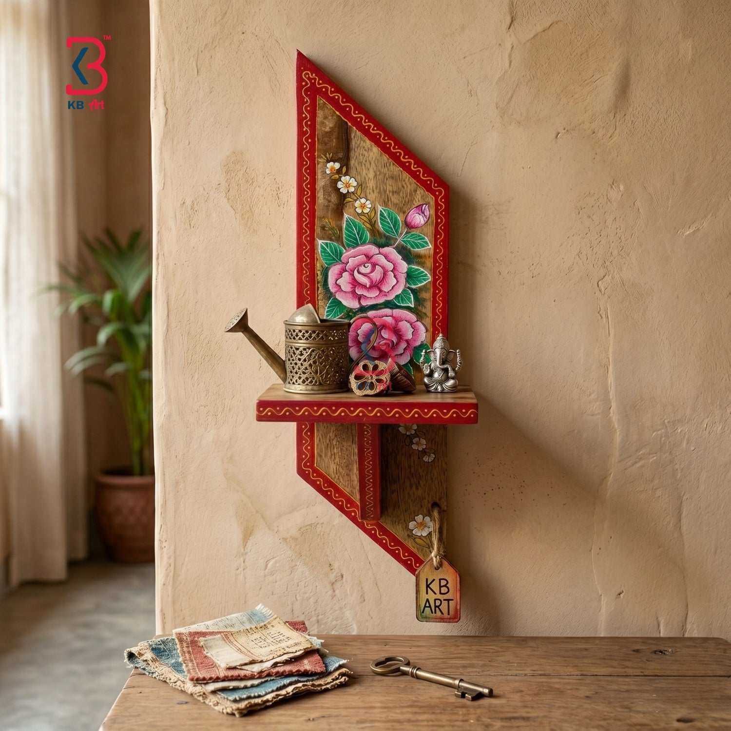 Side angle view of a traditional hand-painted Jodhpur handicraft wooden floating shelf made from natural mango wood grains.