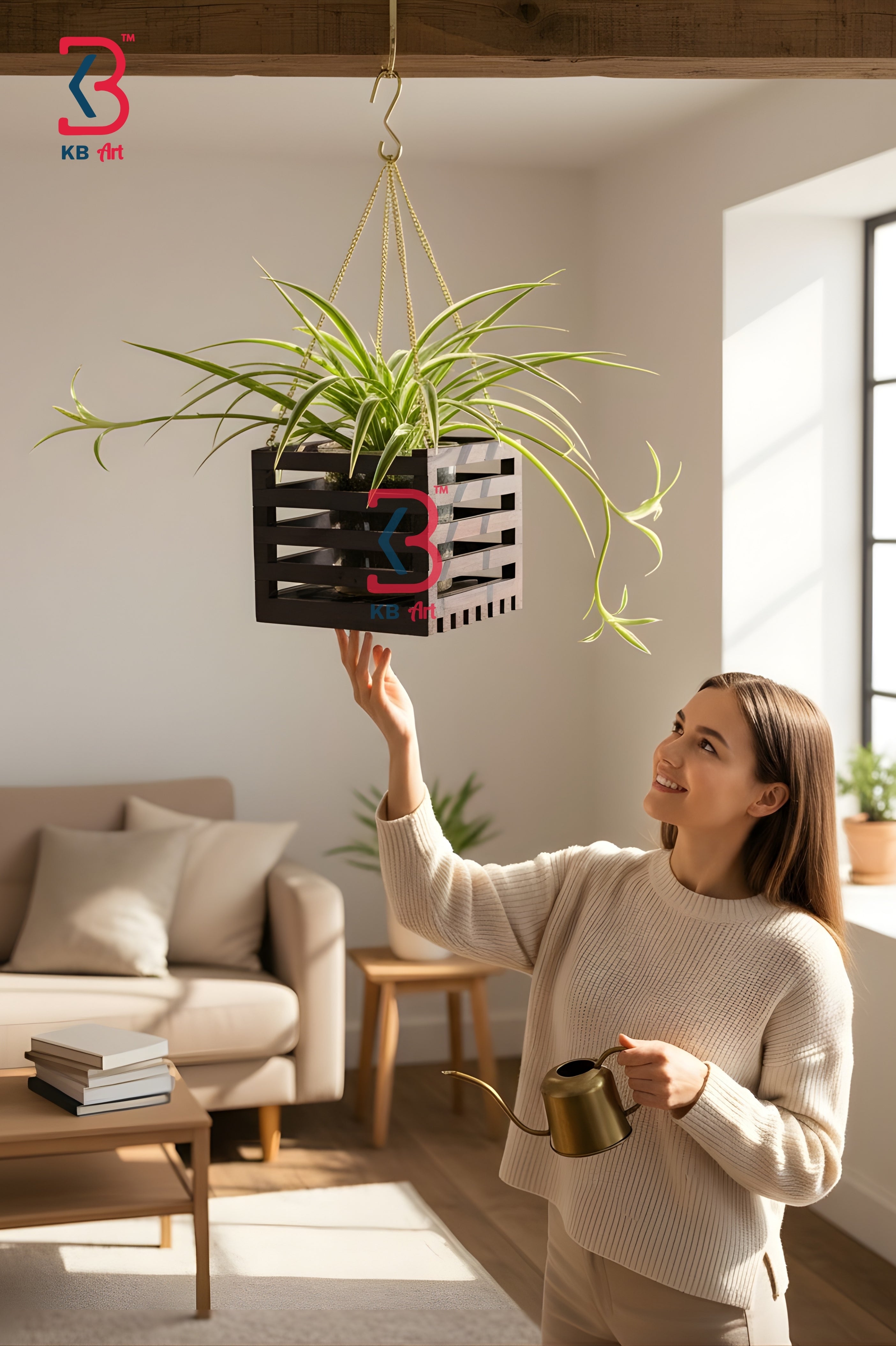 A KB ART horizontal slatted wooden planter hanging gracefully near a sunny living room window, casting beautiful geometric shadows.