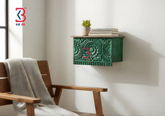 KB ART Wooden Big Carved Wall Shelf Dark Green - Front View of Handcrafted Detailing - Handcrafted Wooden Decor Jodhpur