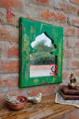 KB ART Wooden Distressed Jharokha Mirror - Side Angle Showing Finish and Craftsmanship - Handcrafted Wooden Decor Jodhpur