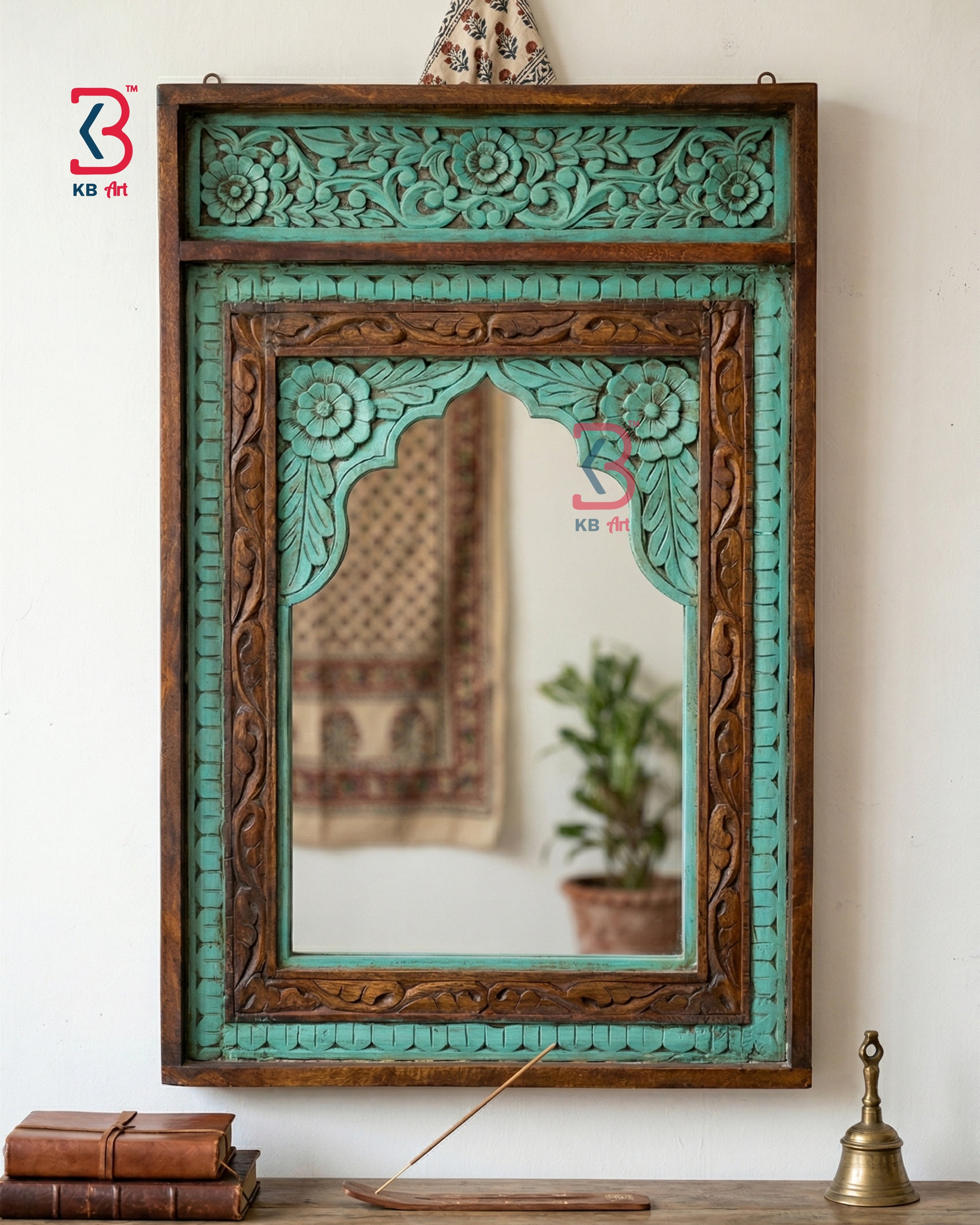 KB ART Jharokha Mirror Brown Green - Front View of Handcrafted Detailing - Handcrafted Wooden Decor Jodhpur