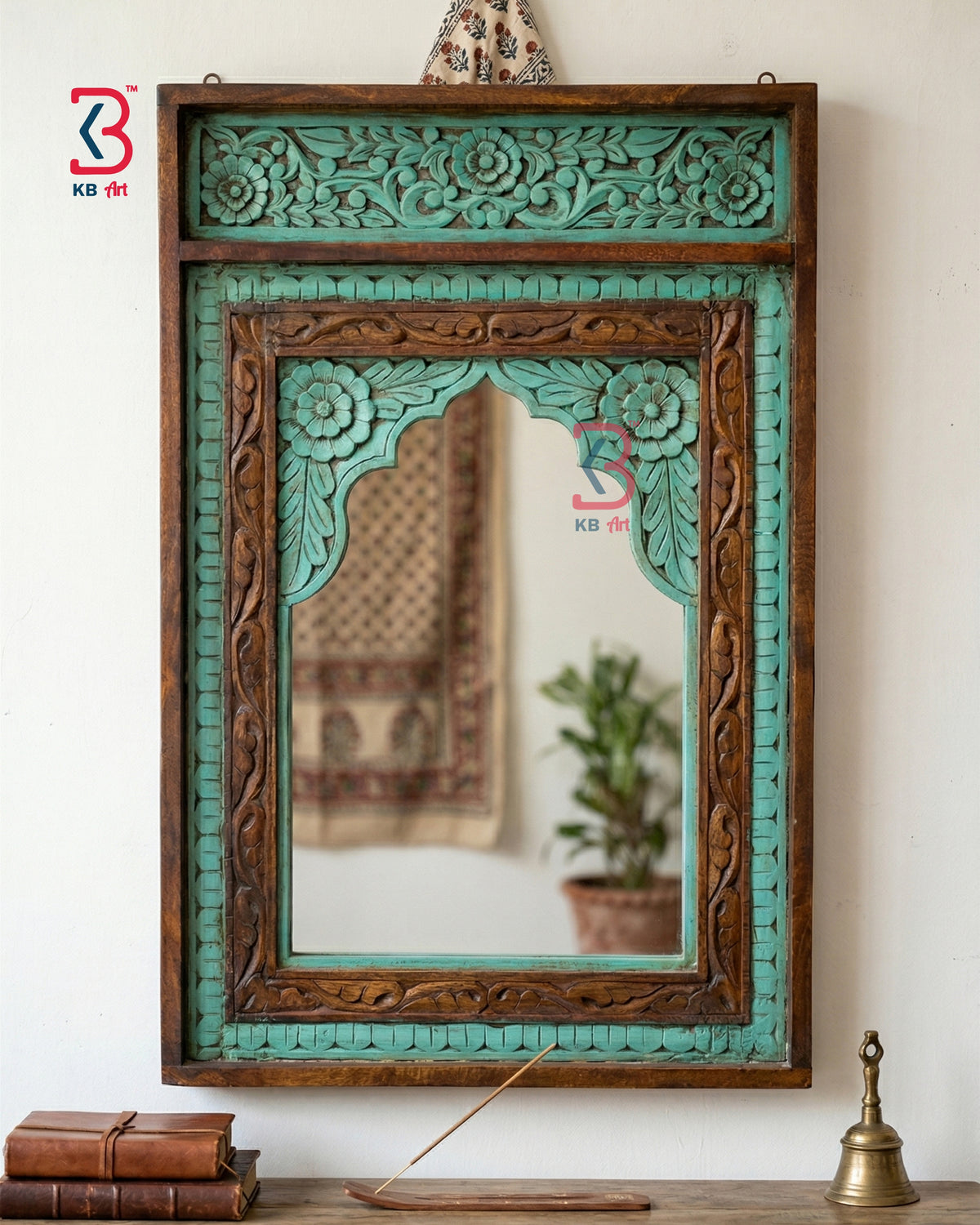 KB ART Jharokha Mirror Brown Green - Front View of Handcrafted Detailing - Handcrafted Wooden Decor Jodhpur