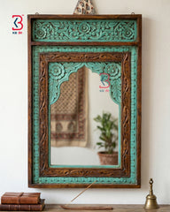 KB ART Jharokha Mirror Brown Green - Front View of Handcrafted Detailing - Handcrafted Wooden Decor Jodhpur