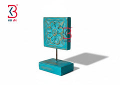 KB ART Blue Square Wooden Carved Table Accent - Close-Up of Hand-Carved Artisan Texture - Handcrafted Wooden Decor Jodhpur