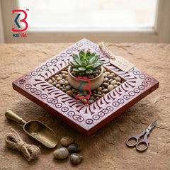 KB ART Wooden Carved Square Planter Succulent Pot - Front View of Handcrafted Detailing - Handcrafted Wooden Decor Jodhpur
