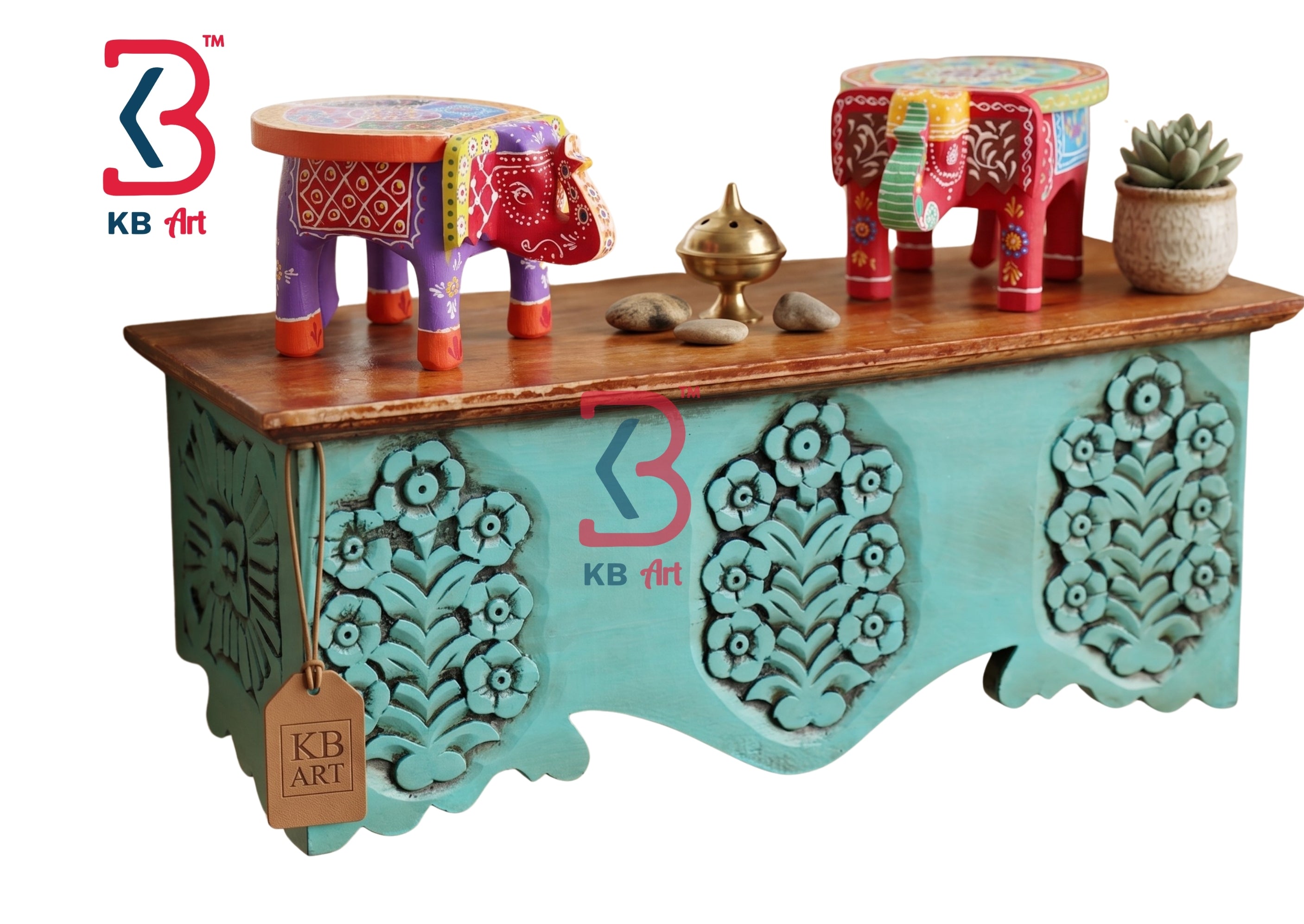 KB ART Wooden Teal Triple Floral Carved Wall Shelf - Styled Display in Home Interior Setting - Handcrafted Wooden Decor Jodhpur