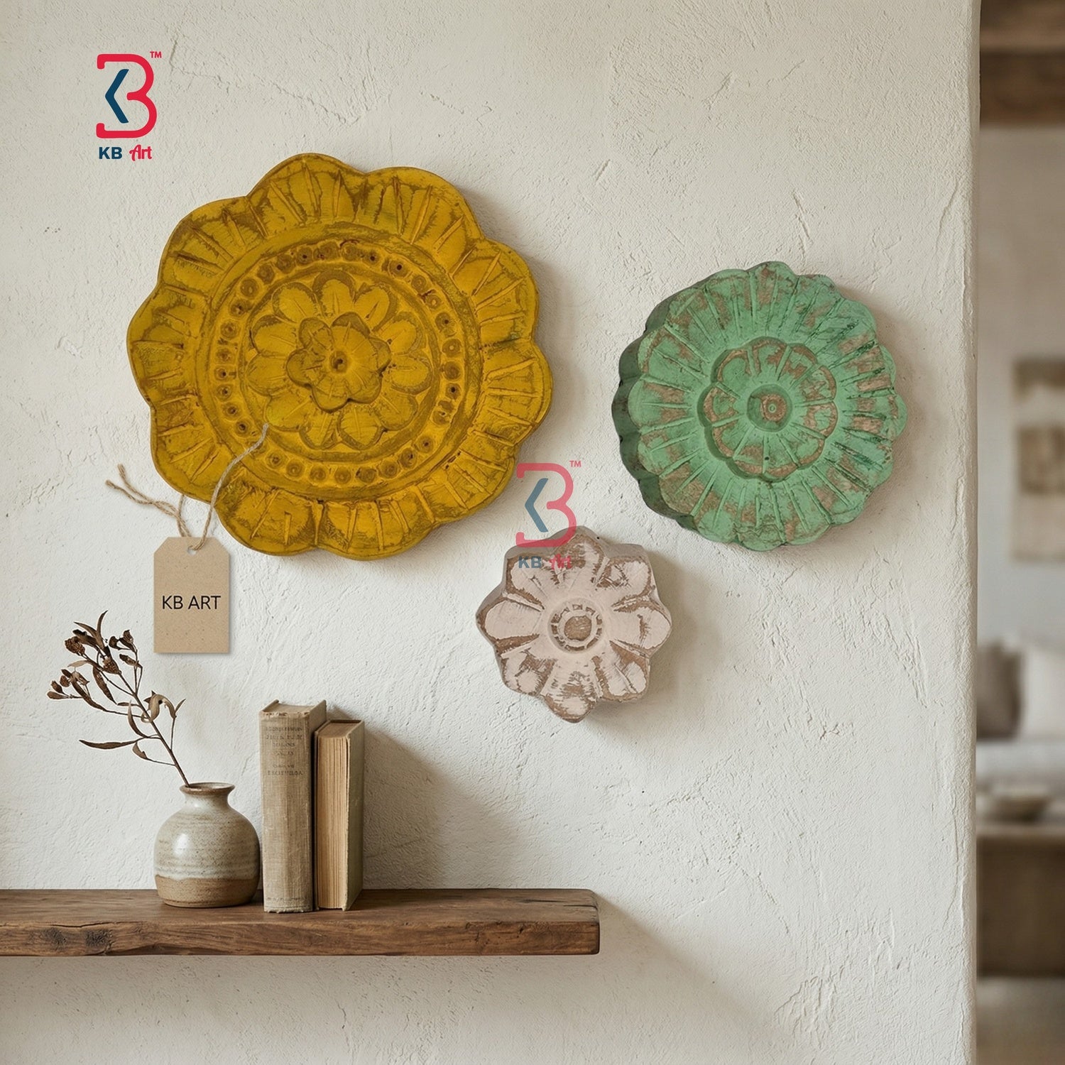 KB ART Carved Wooden Wall Plates Or Panal - Front View of Handcrafted Detailing - Handcrafted Wooden Decor Jodhpur