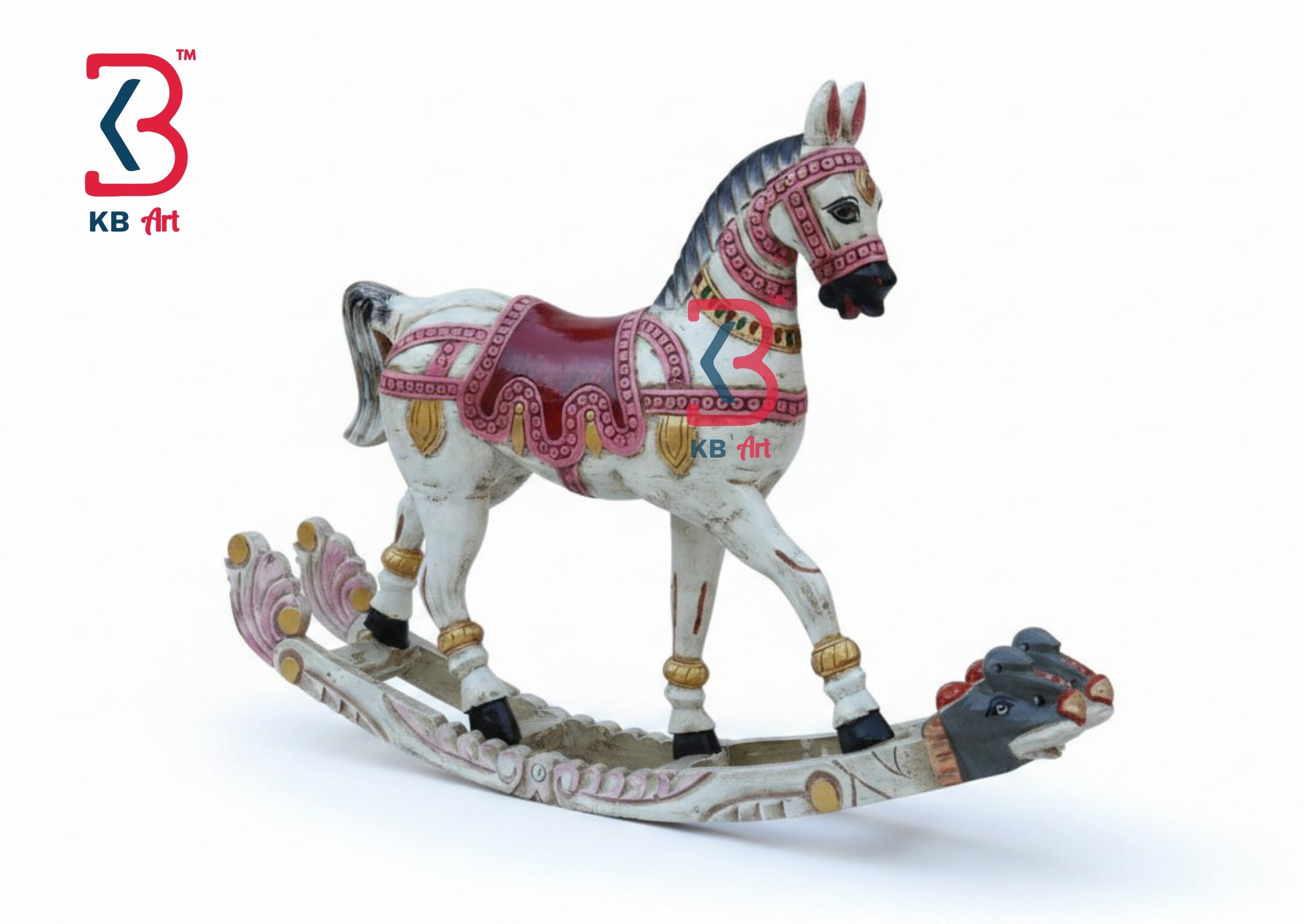 KB ART Wooden Antique Carved Rocking Horse - Close-Up of Hand-Carved Artisan Texture - Handcrafted Wooden Decor Jodhpur