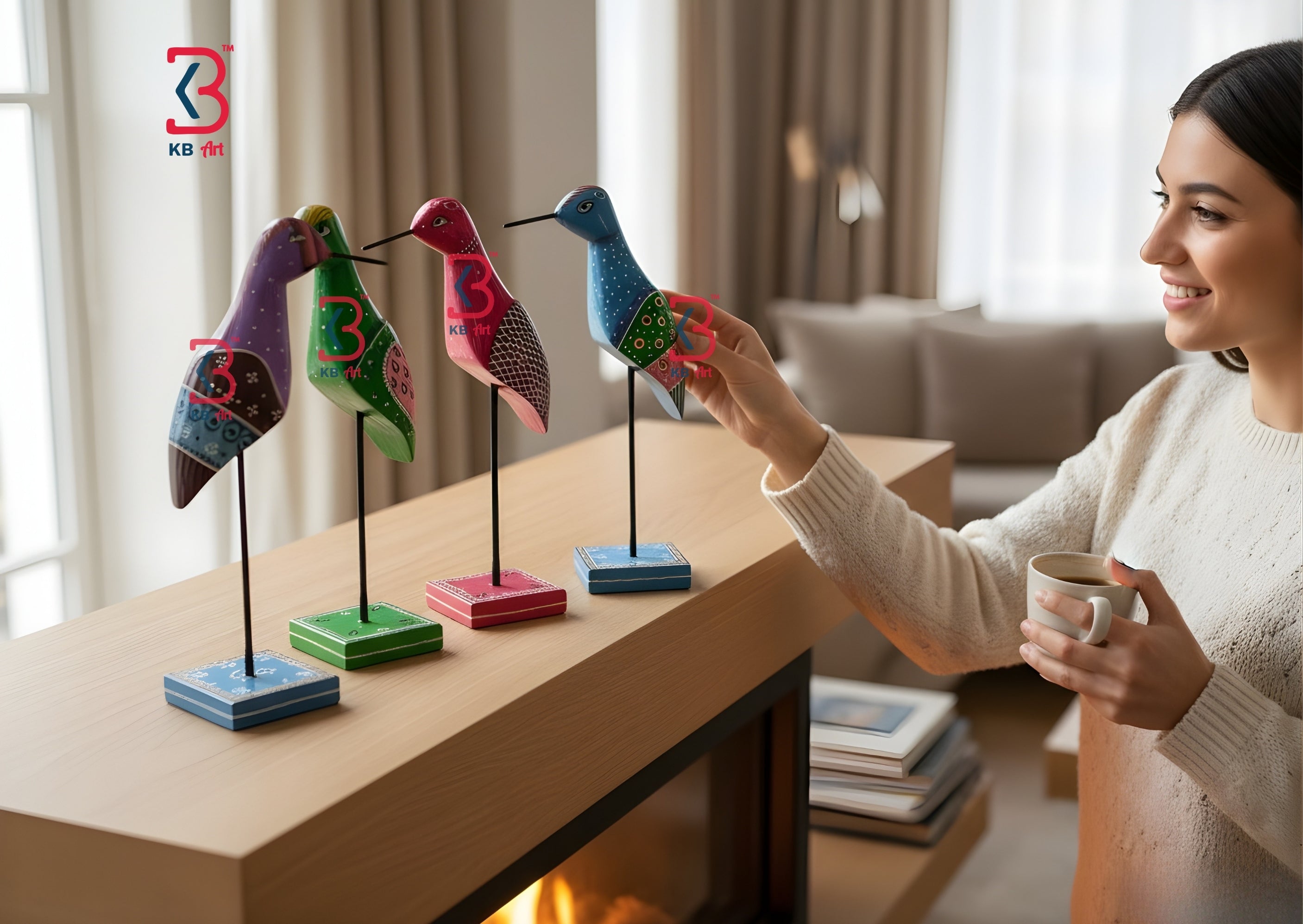 KB ART Wooden Colorful Birds Set Of 5 Table Decor - Front View of Handcrafted Detailing - Handcrafted Wooden Decor Jodhpur