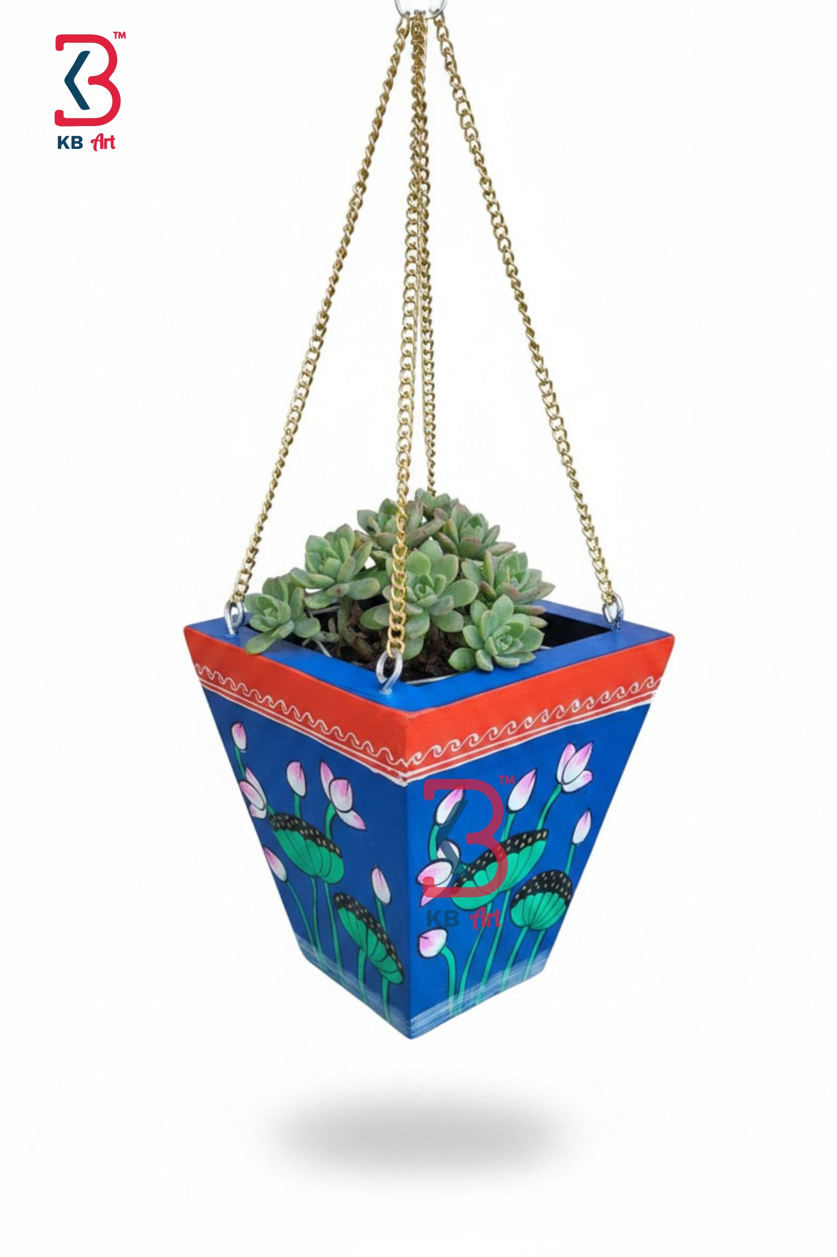 Decorative hanging planter with a colorful design and succulents on a white background