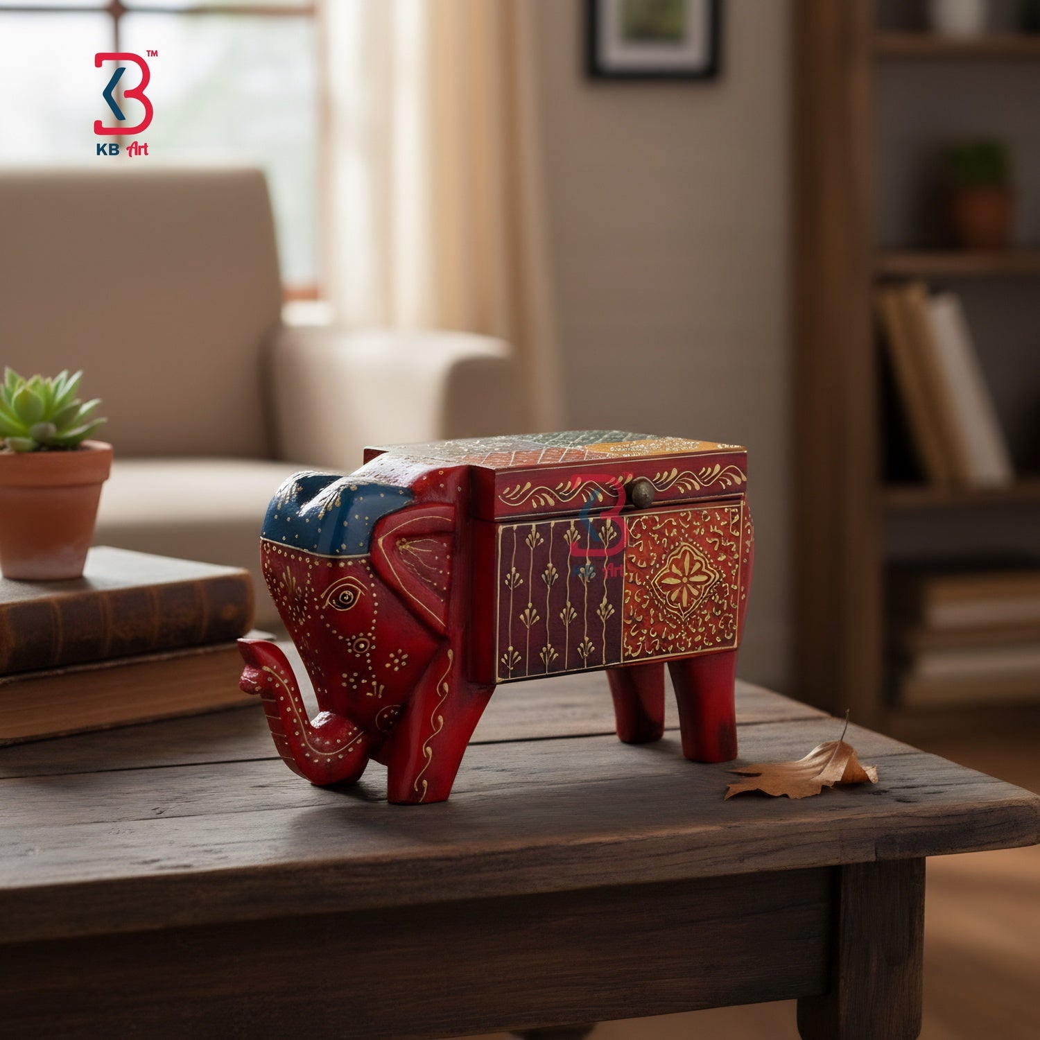KB ART Wooden Elephant Box - Styled Display in Home Interior Setting - Handcrafted Wooden Decor Jodhpur