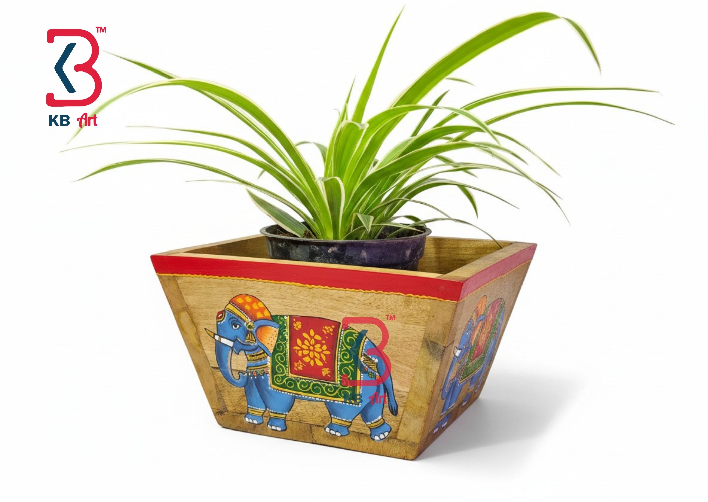 KB ART Wooden Trapezium Elephant Pichwai Planter - Styled Display in Home Interior Setting - Handcrafted Wooden Decor Jodhpur